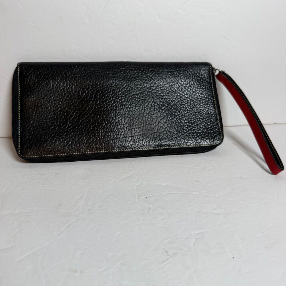 Tusk Black Pebbled Leather Zip Around Wallet Wristlet Red Interior Large